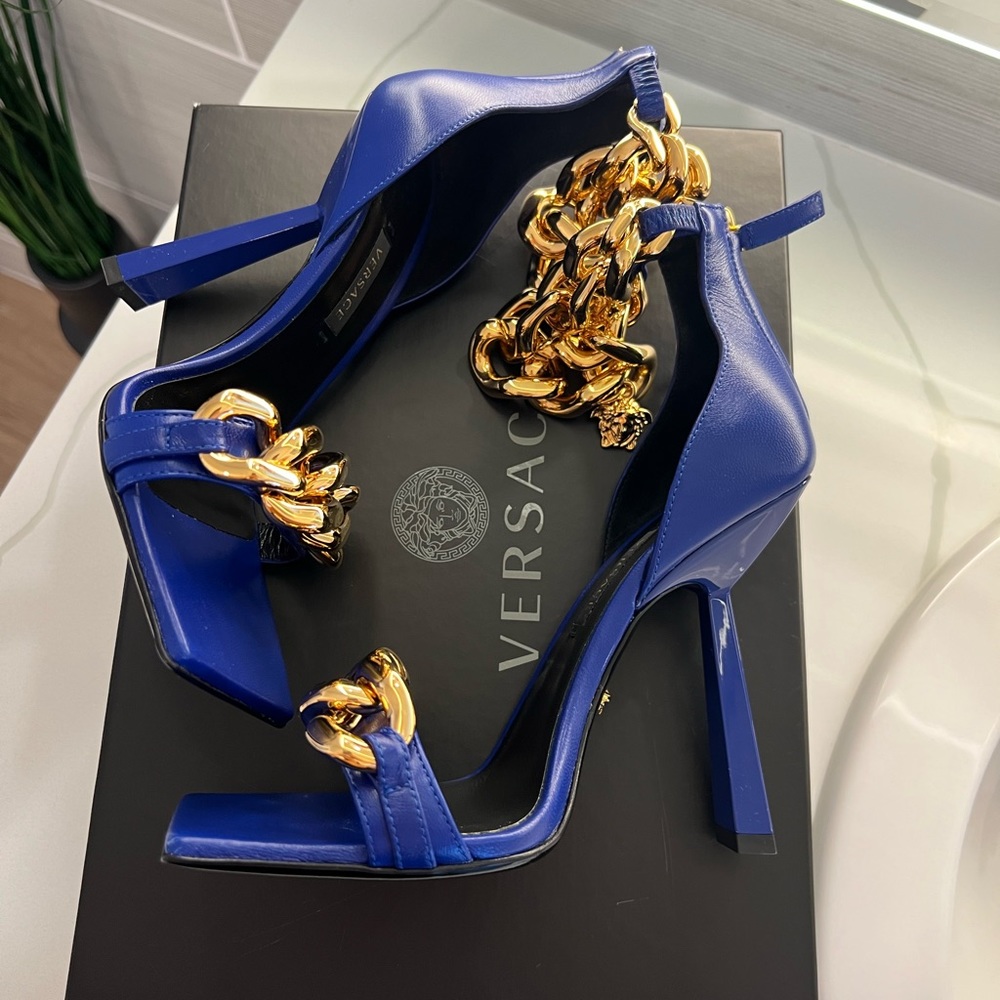 Versace Medusa Chain High Heel Sandals Blue Size 36 1/2
